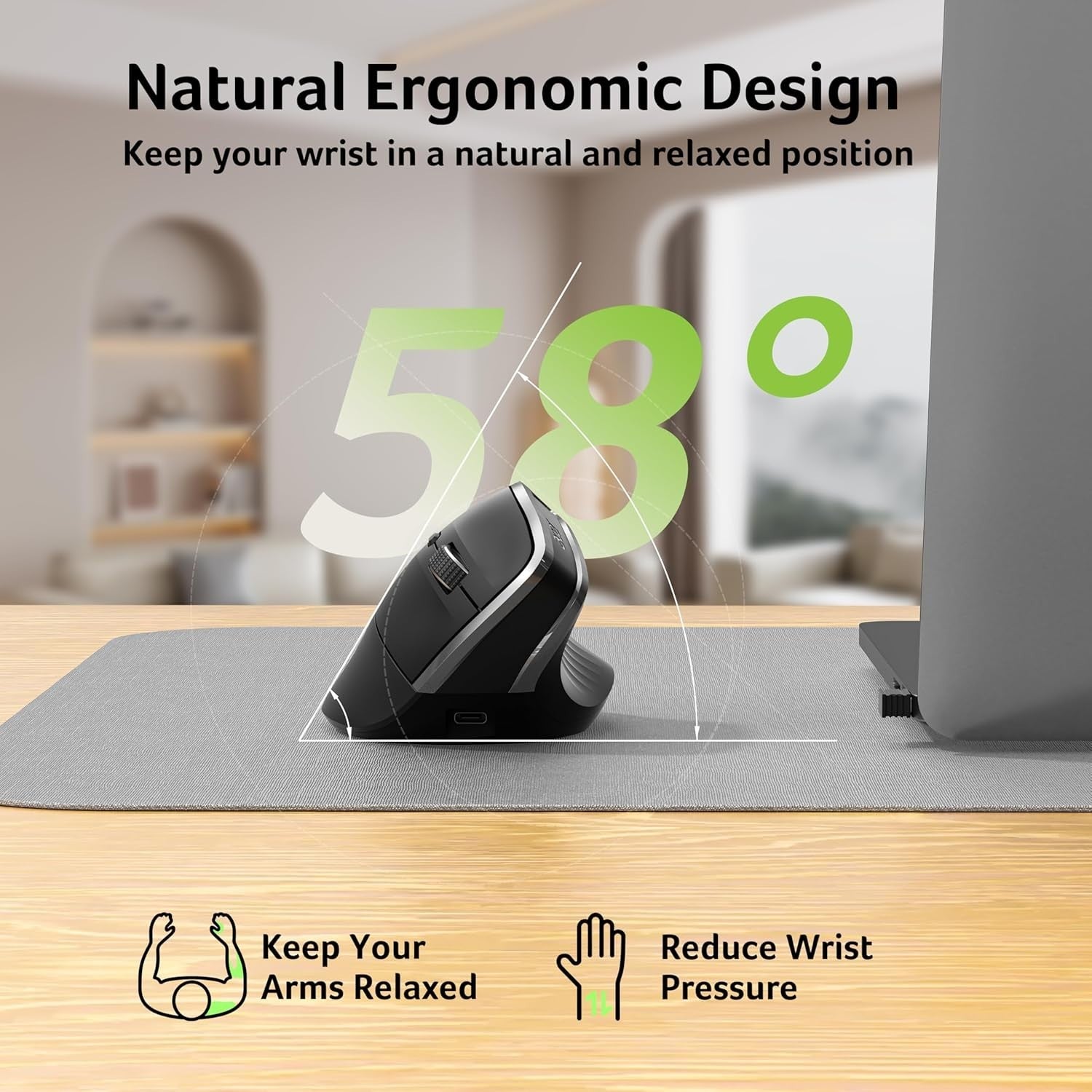 Vertical Ergonomic Wireless Mouse Rechargeable 6 Button 1600 DPI