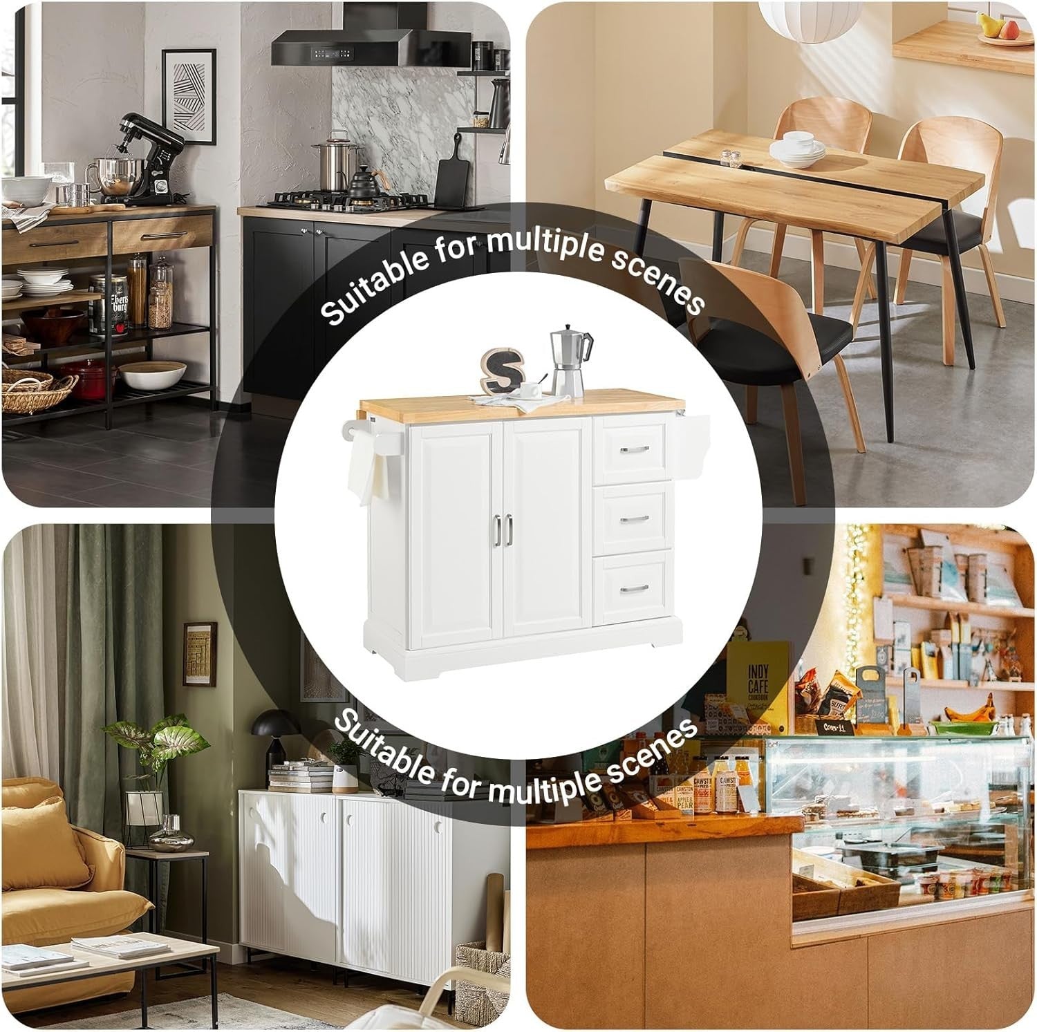 Extendable Kitchen Island on Wheels with Rubber Wood Worktop & Storage