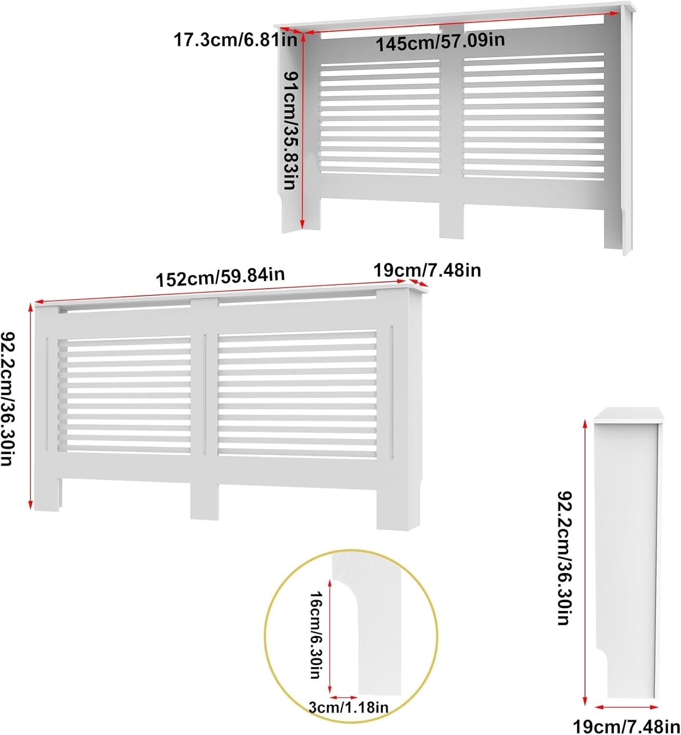Extra Large White Radiator Cover Cabinet 92cm MDF Horizontal Slatted Heater Unit