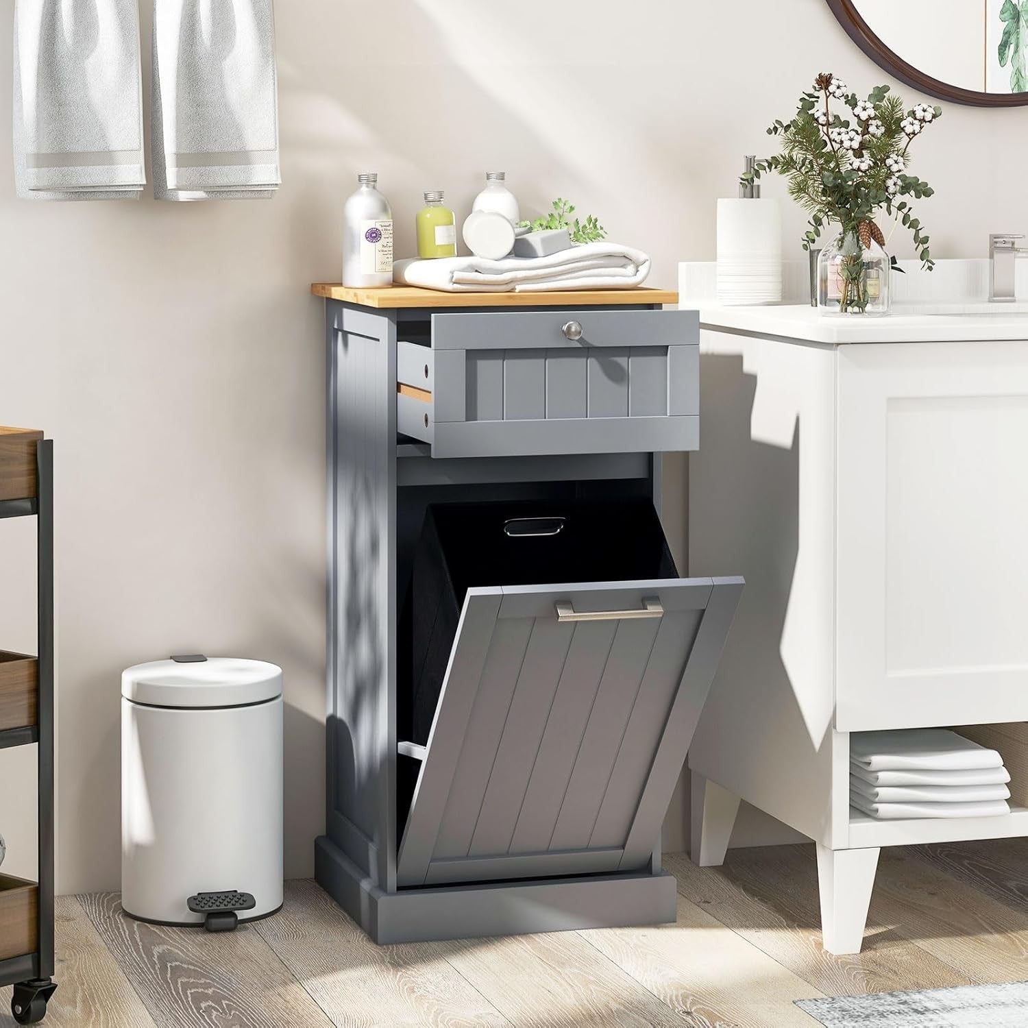 Tilt-Out Laundry Cabinet with Drawer & Removable Bin | Freestanding Bathroom Ham