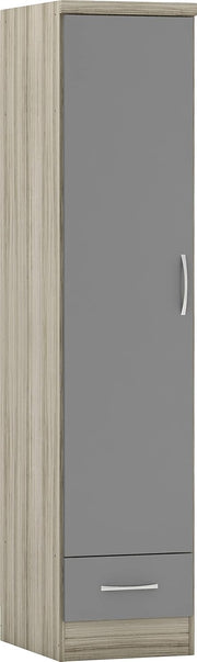 Slim 1 Door Wardrobe with Drawer – Grey Gloss Oak Effect Storage Unit
