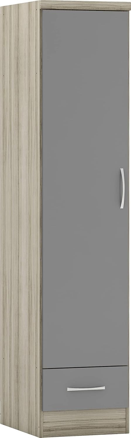 Slim 1 Door Wardrobe with Drawer – Grey Gloss Oak Effect Storage Unit