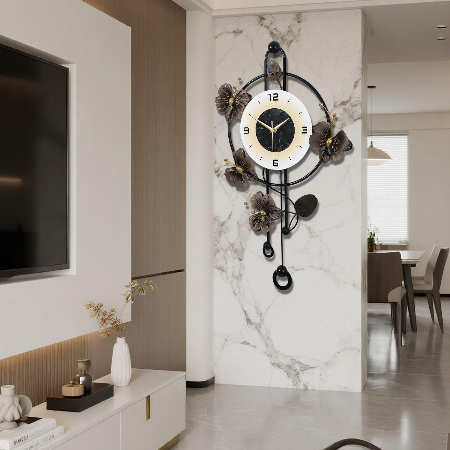 Large 75cm Wall Clock Modern Metal Floral Design Silent Quartz Pendulum White