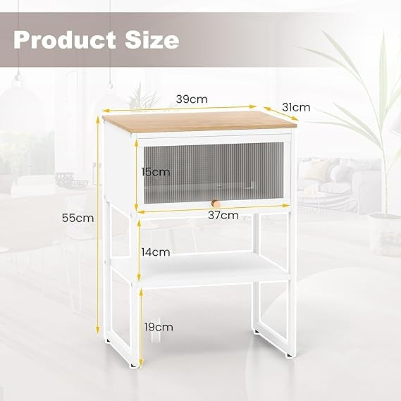 Modern Flip-Door Bedside Tables Set of 2 – Metal Frame Nightstands with Storage