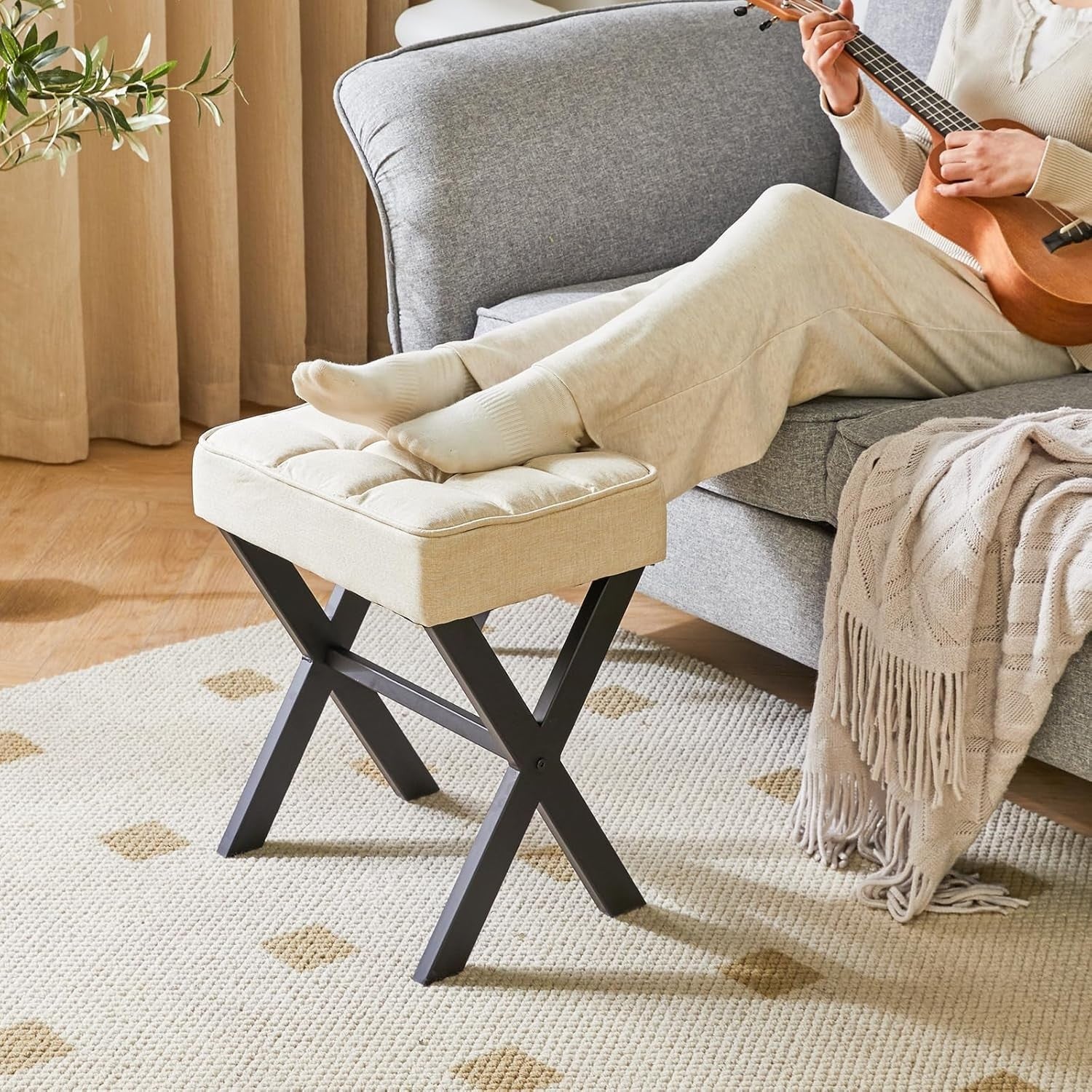 Grey Linen X-Leg Makeup Stool – Modern Ottoman Footrest & Side Table