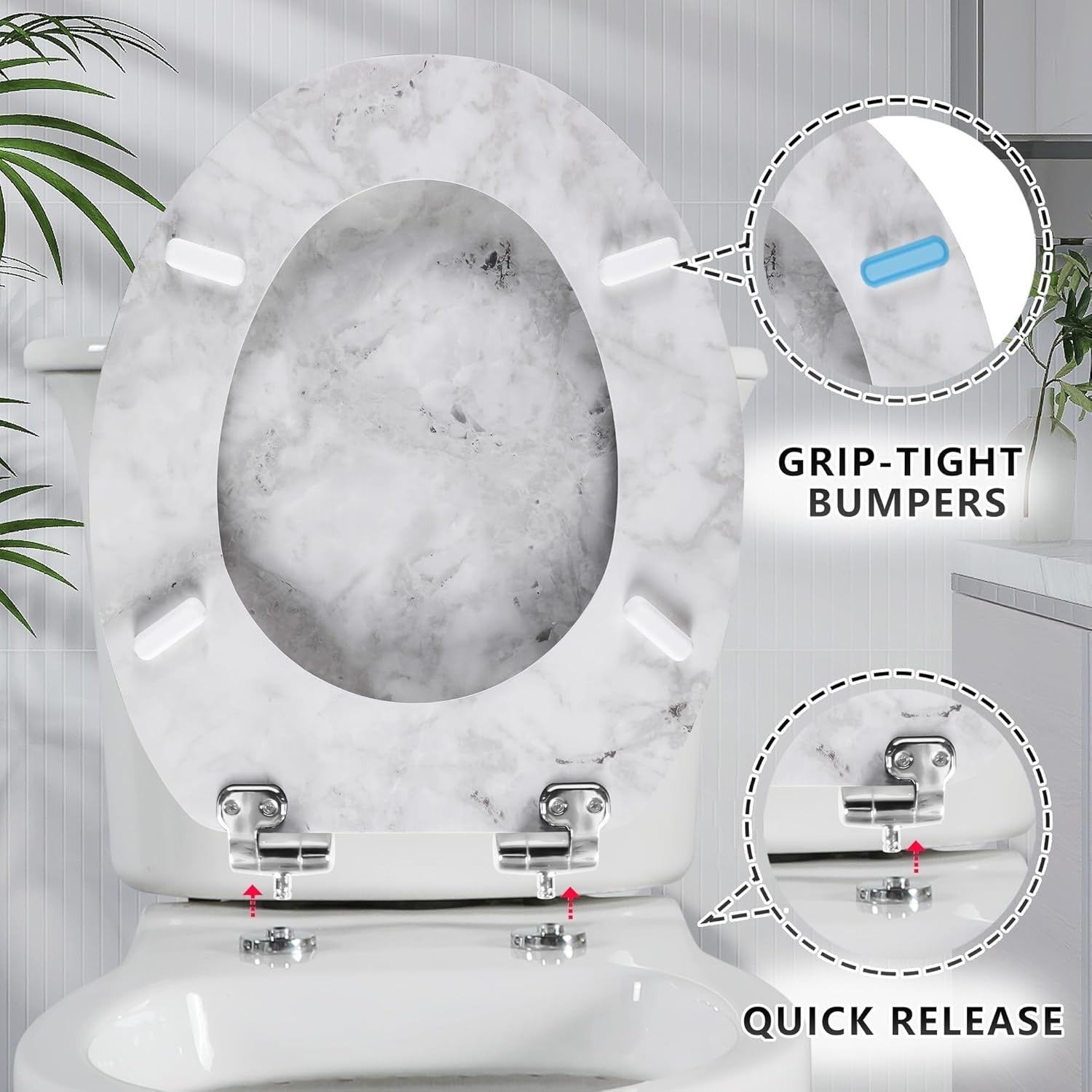 Wooden Toilet Seat Gray Marble | Quick Release Adjustable Hinges 45x37cm Oval