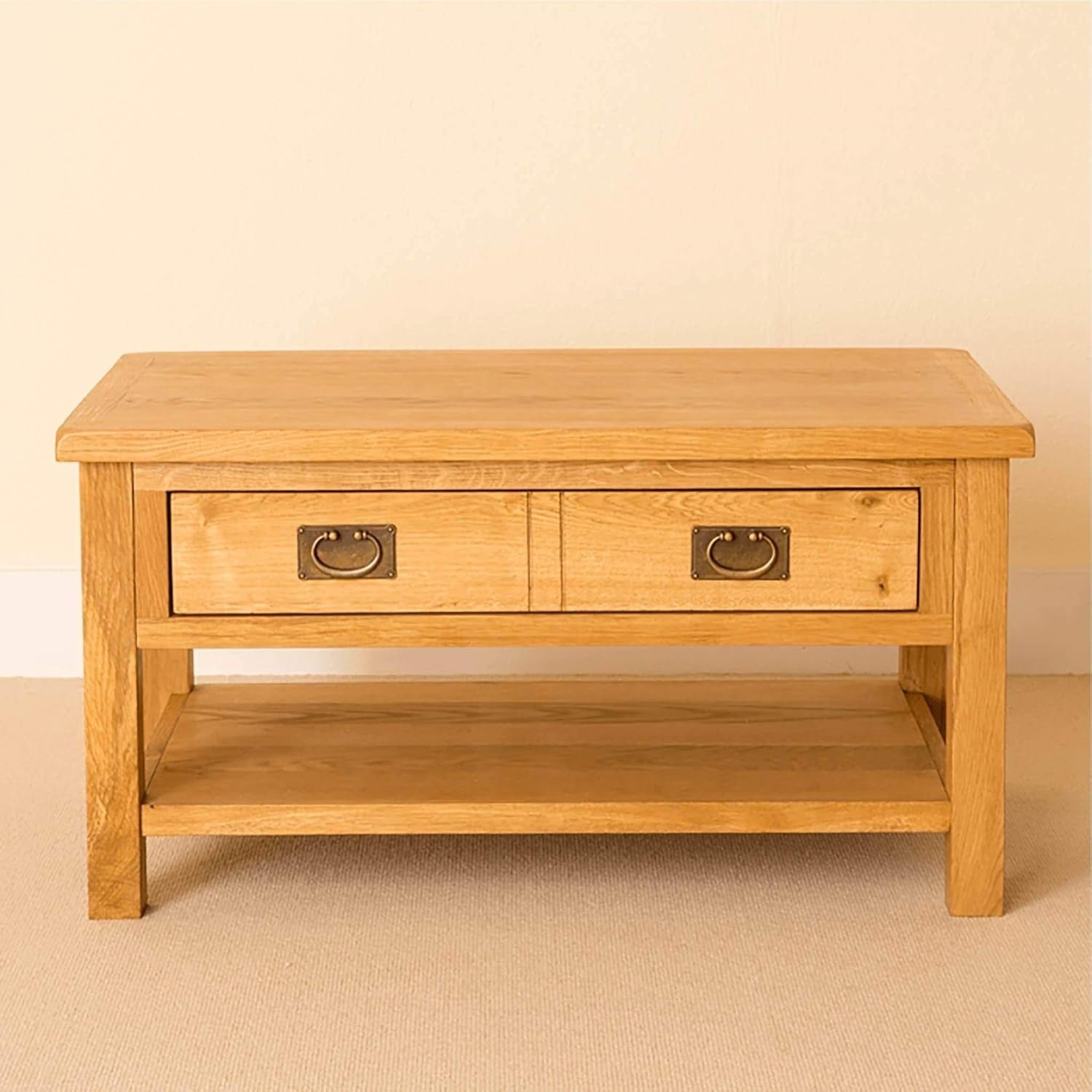 Rustic Oak Coffee Table with Storage Drawer & Shelf – Sturdy Solid Wood 90x55x47