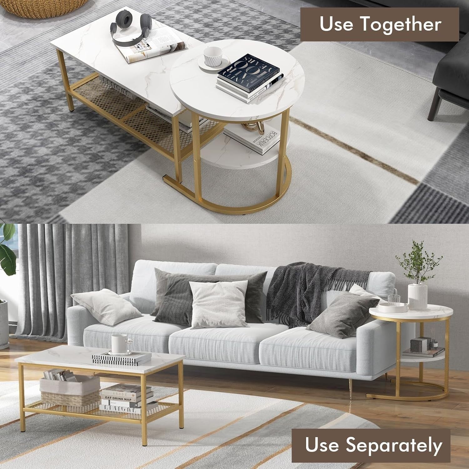 2-in-1 Coffee Table Set Storage Side Sofa Table Adjustable Height Gold White
