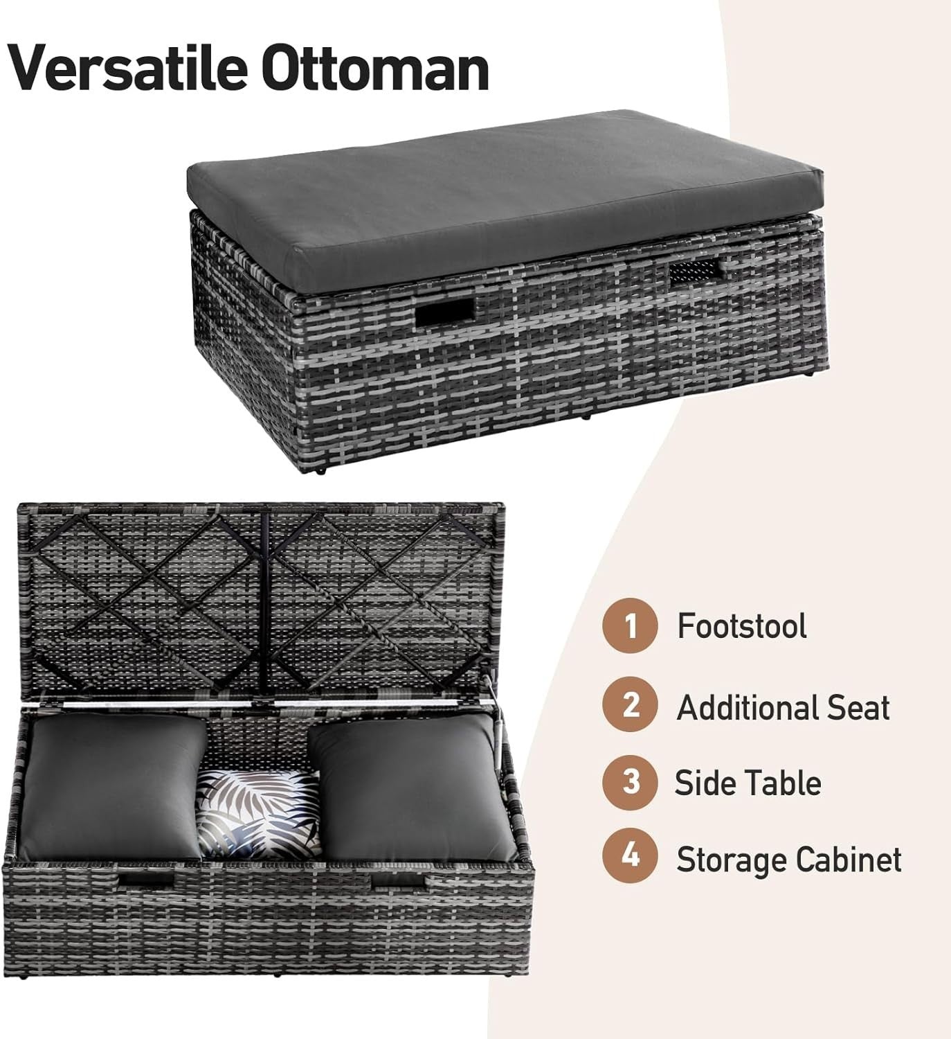 Outdoor Rattan Daybed Set with Storage Ottoman & Side Tables, Weatherproof Patio