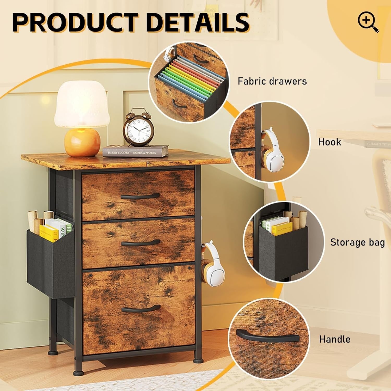 Rustic Mobile File Cabinet 3 Drawer Fabric Rolling Printer Stand