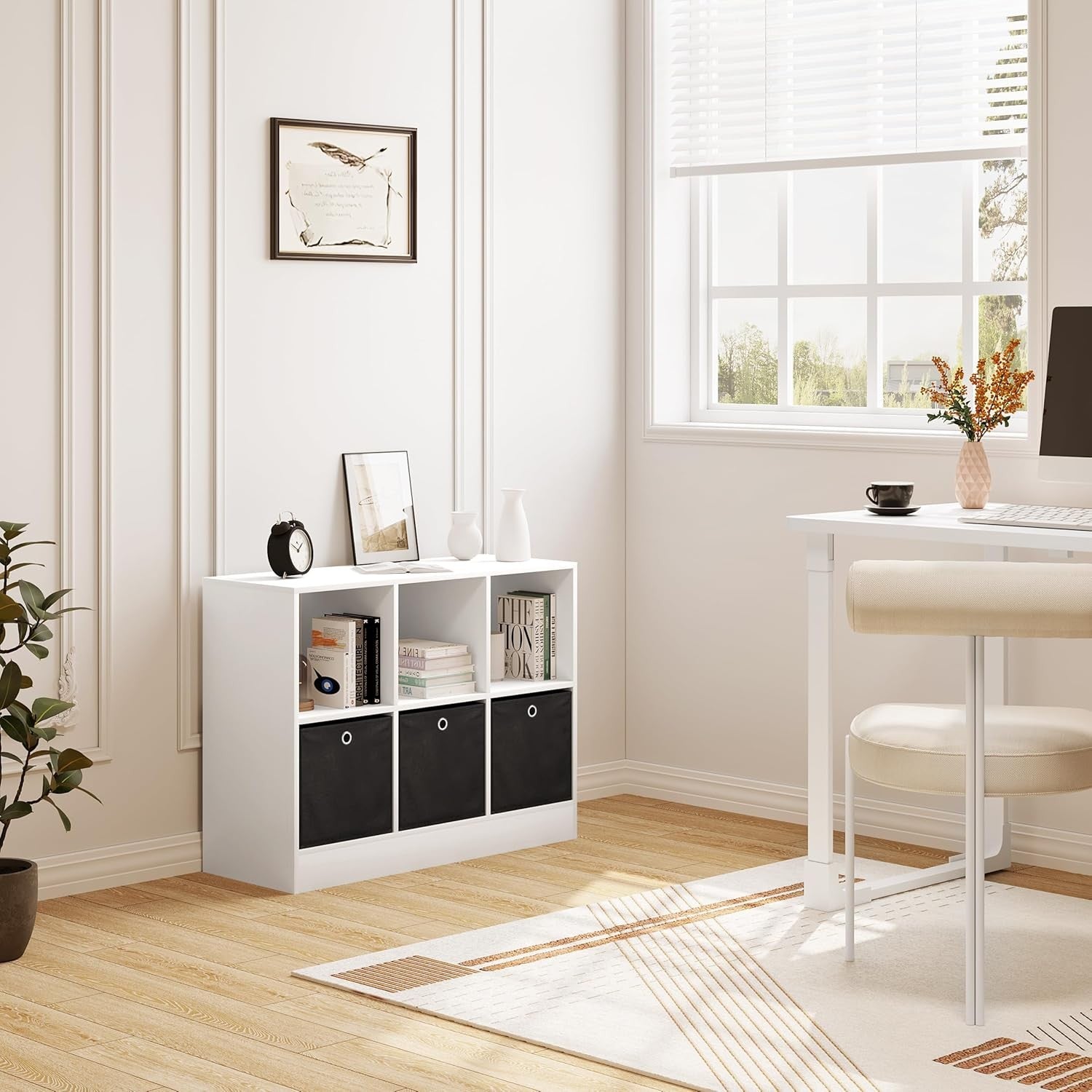 Modern 6-Cube Storage Bookcase with Fabric Drawers | Wide Display Shelf Unit