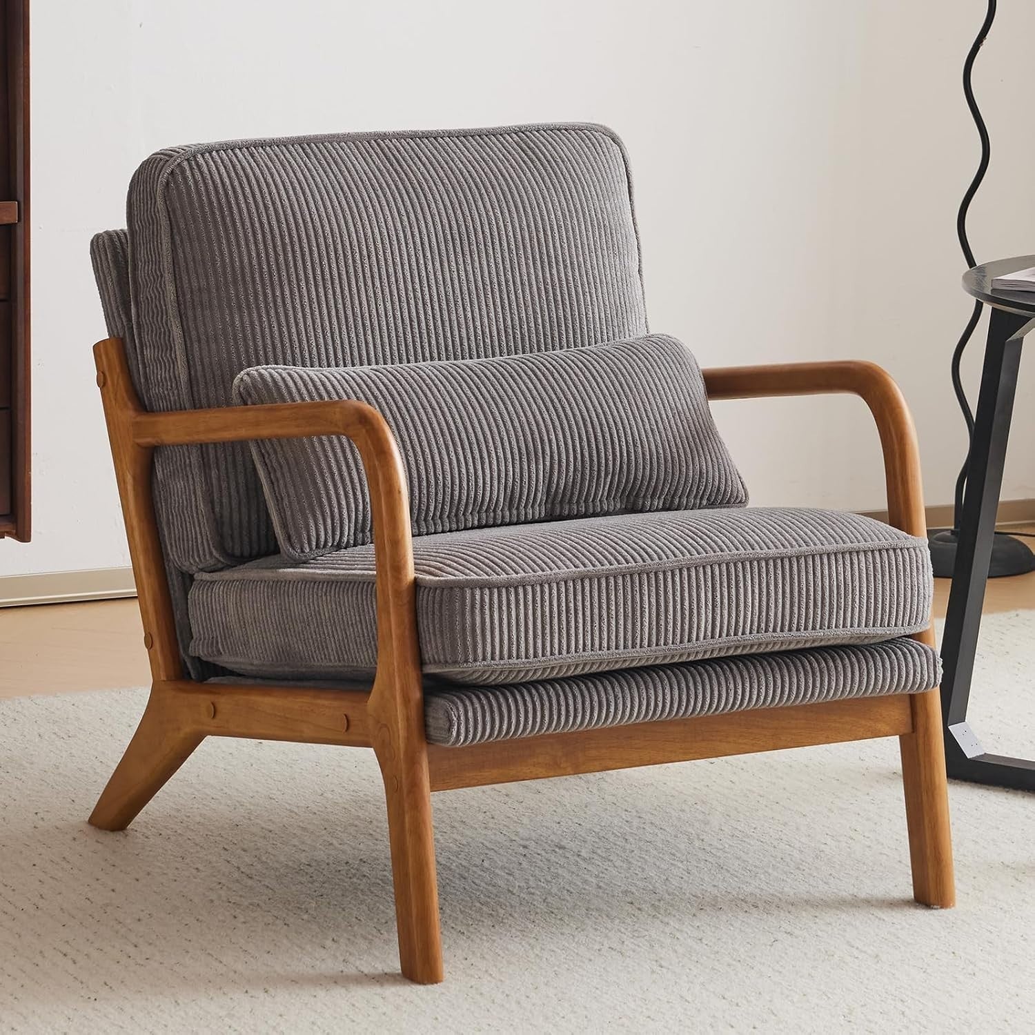 Mid Century Corduroy Armchair Lounge Reading Chair with Cushions Grey