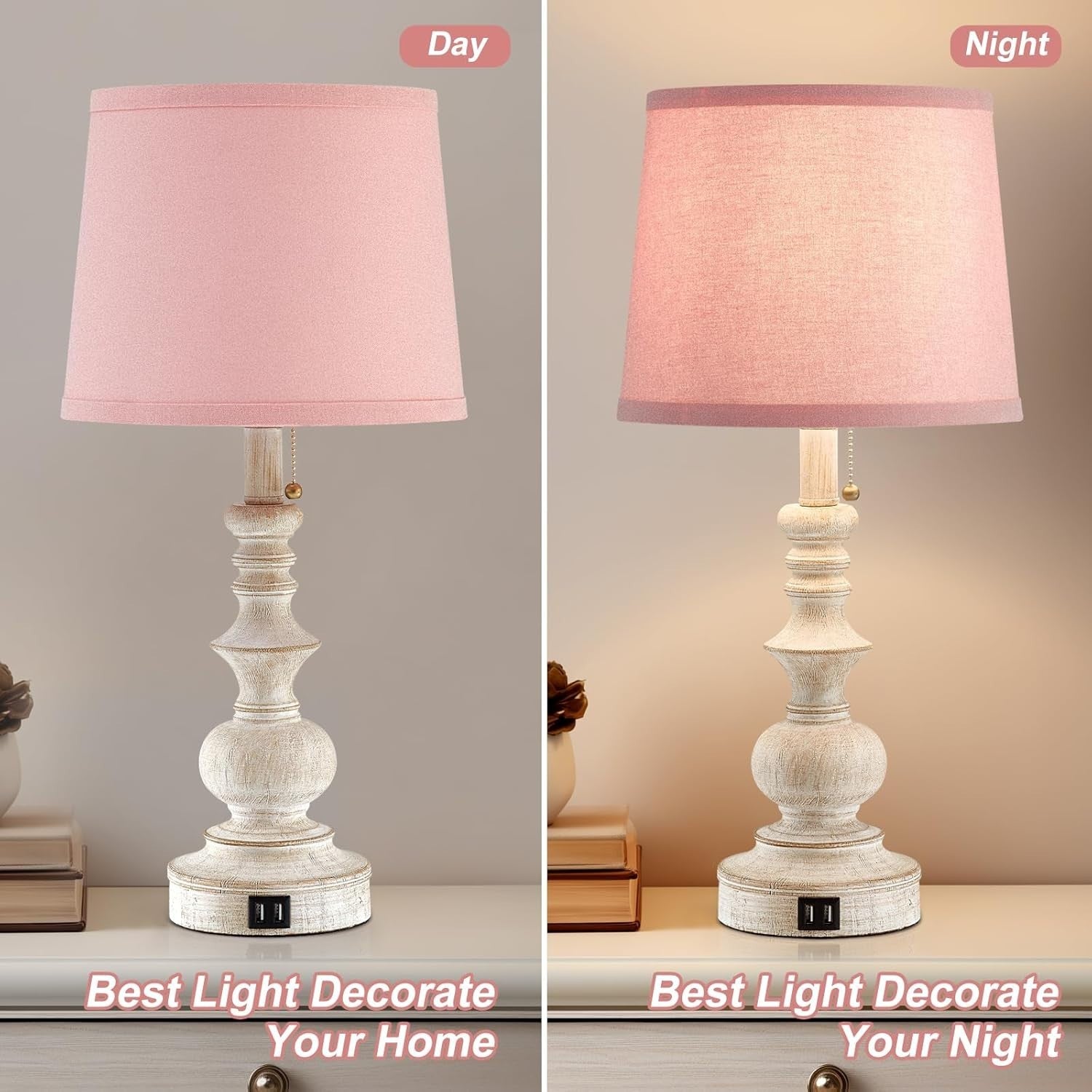 Pink Farmhouse Table Lamps Set of 2 with USB, 22" Tall, Perfect for Girls
