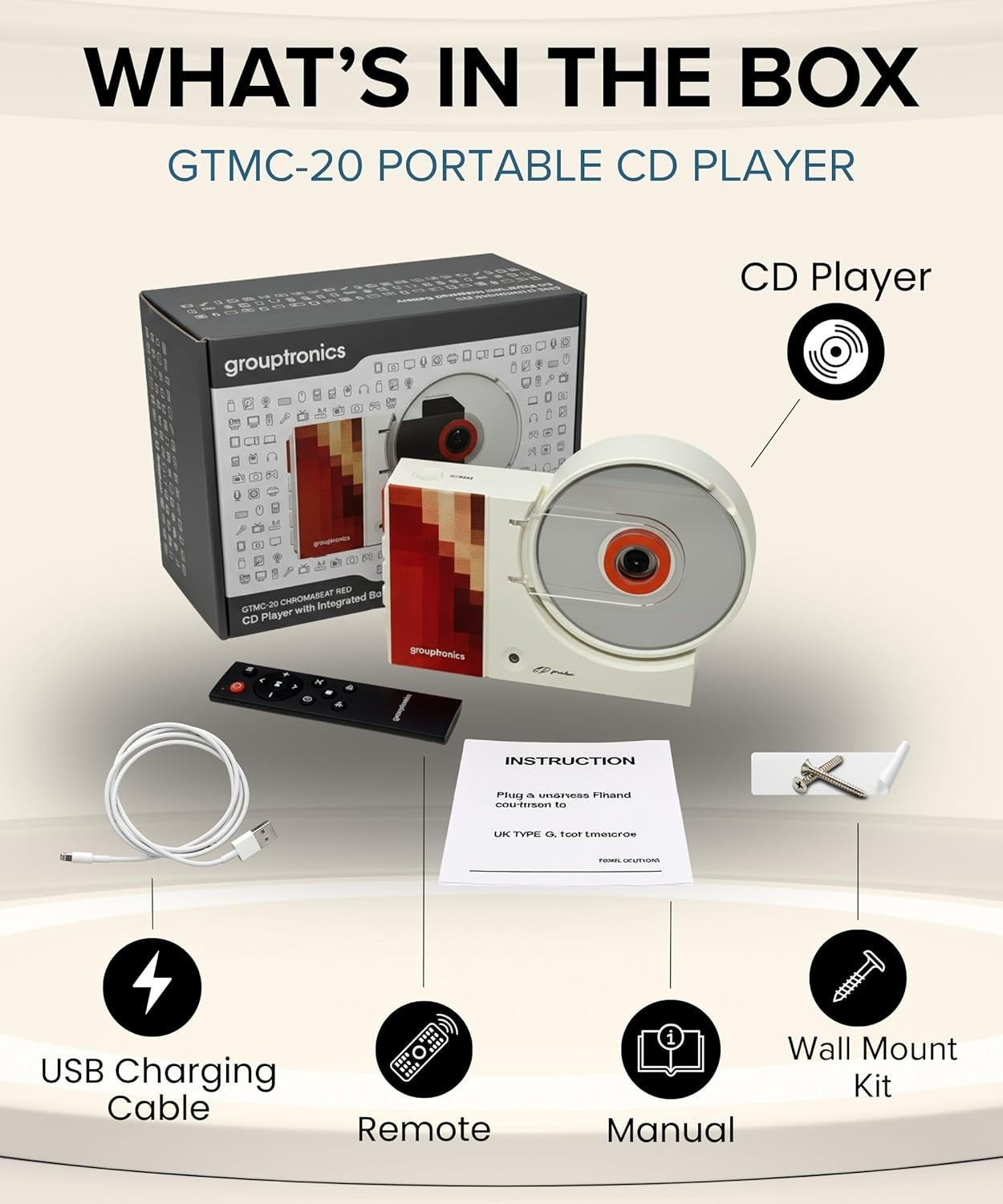 Portable CD Player Bluetooth Rechargeable w/ Speakers Wall Mount Remote