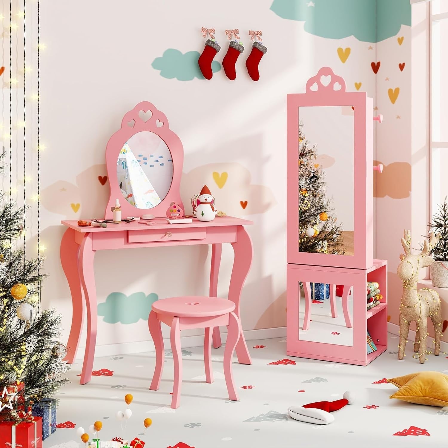 Kids Jewelry Armoire Mirror Vanity Dress Up Organizer with Clothes Rack