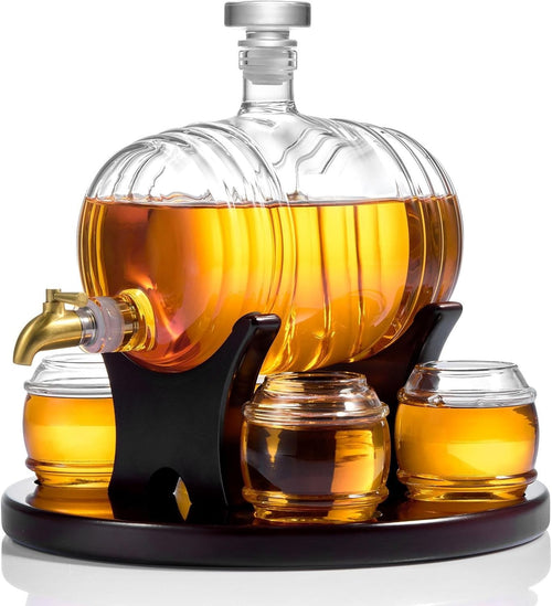 Whiskey Barrel Decanter Set 1.3L With 4 Glasses Home Bar Gift Men Liquor Dispens