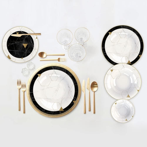 24pc Bone China Dinnerware Set Black White Gold Marble Luxury Plates