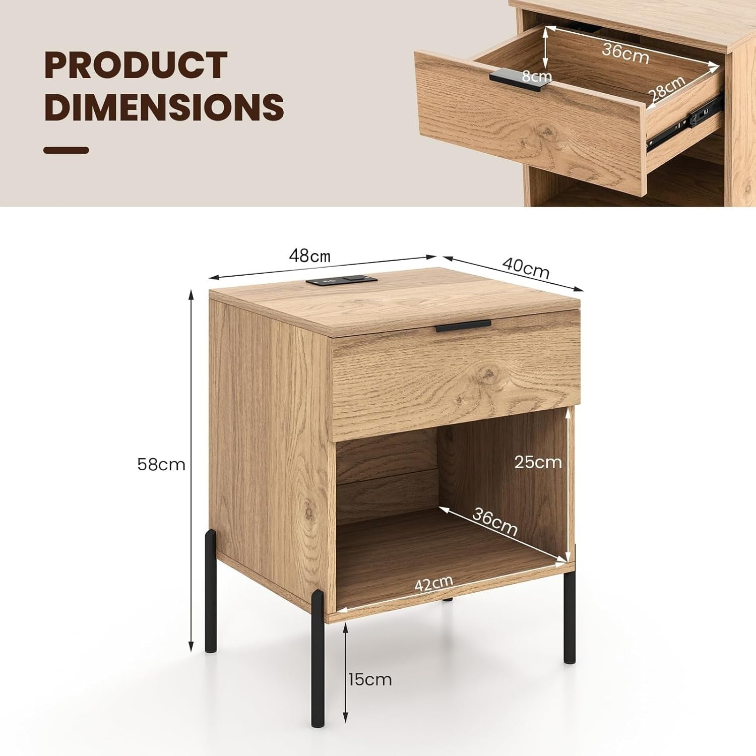 Bedside Table with Charging Station, Drawer & Metal Legs – Natural Wood