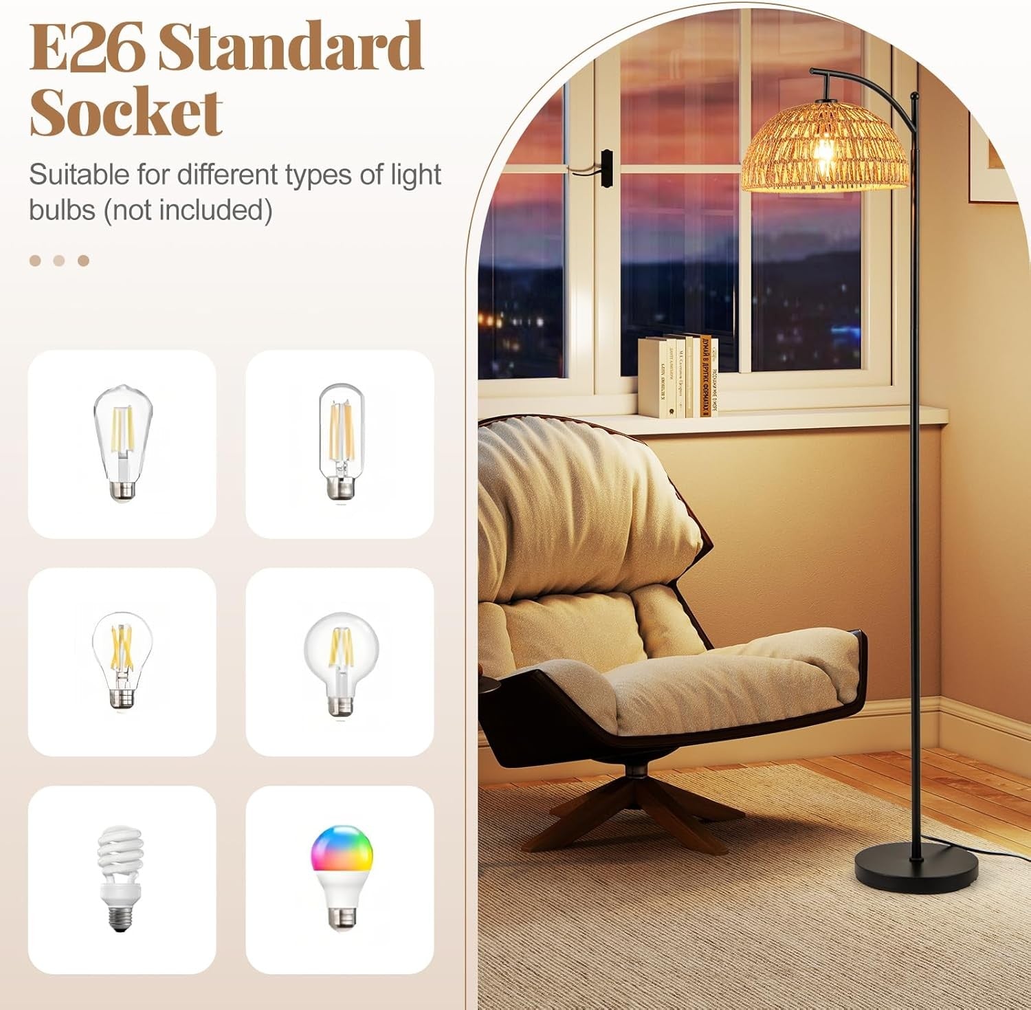 Arc Floor Lamp Woven Shade Foot Switch Tall Modern Standing Reading Light