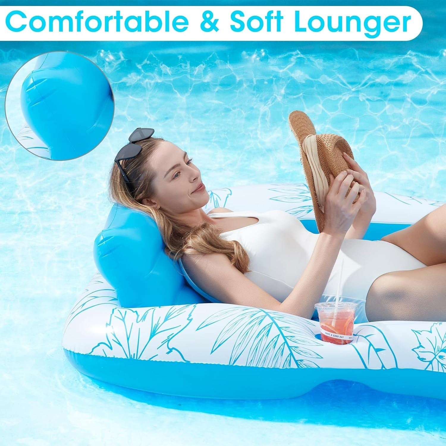 XL Inflatable Pool Lounger Float Adult Sun Tanning Raft w Cup Holders