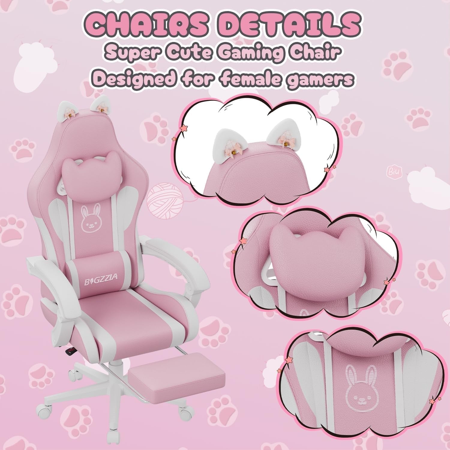 Pink Gaming Chair Cat Ears Massage Lumbar Recliner