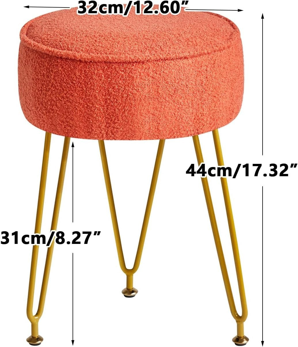 Orange Teddy Velvet Round Footrest Ottoman – Vanity Stool with Gold Legs