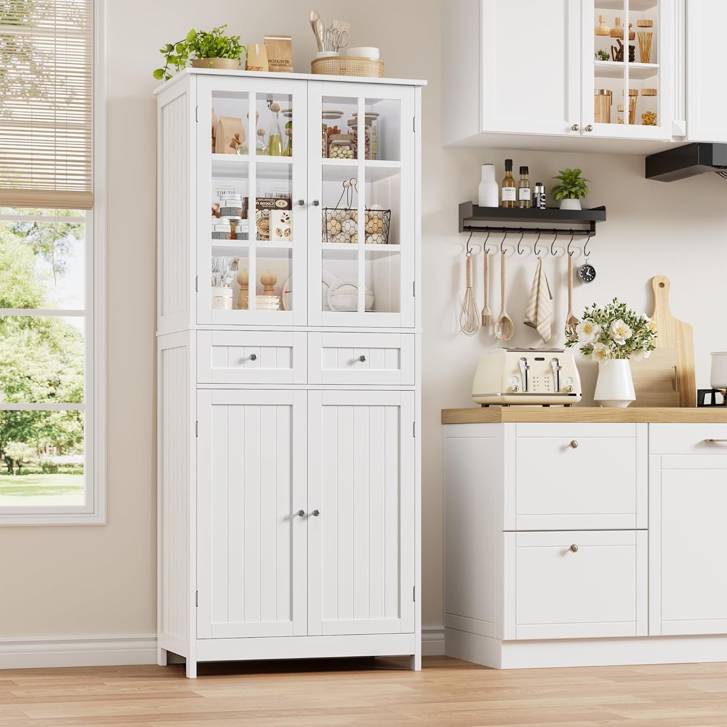 White Freestanding Kitchen Storage Cabinet with Glass Doors & Drawers