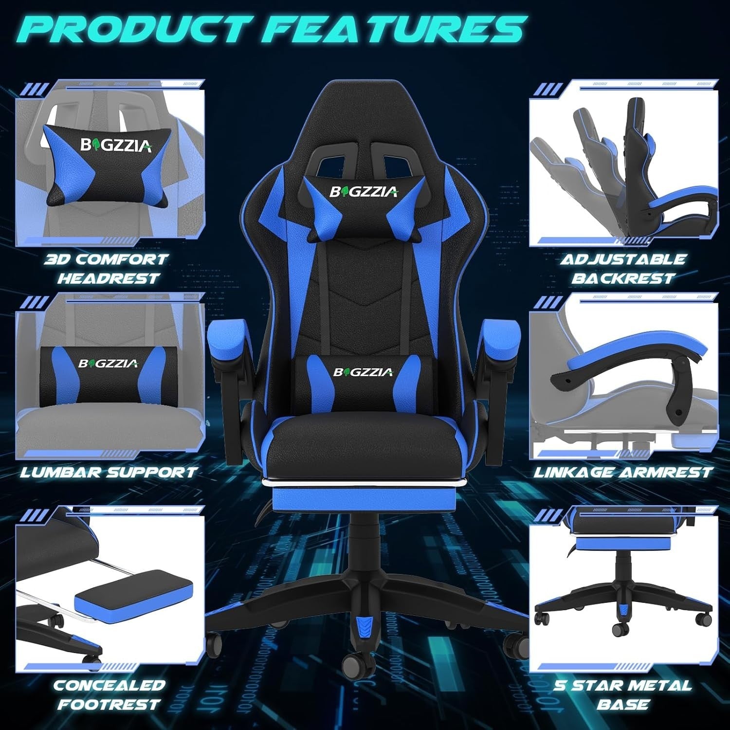 Ergonomic PU Leather Gaming Chair Reclining Office Desk Swivel w/ Lumbar