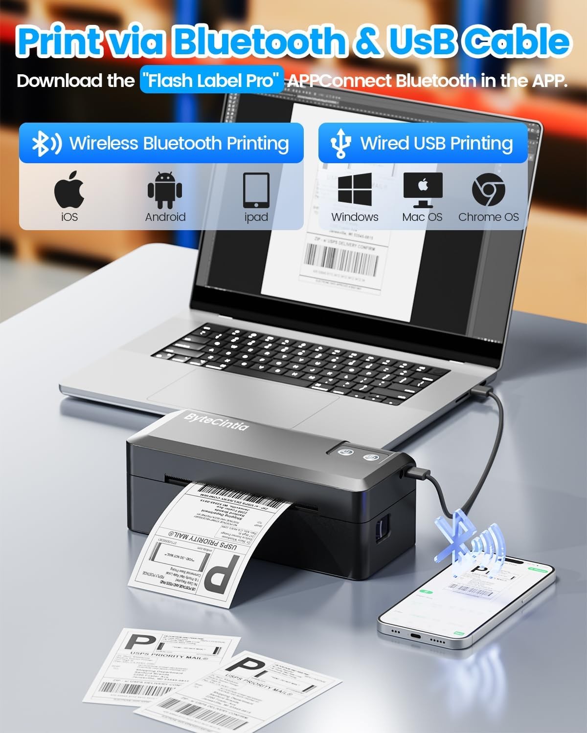 Bluetooth Shipping Label Printer 4x6 Thermal USB Wireless