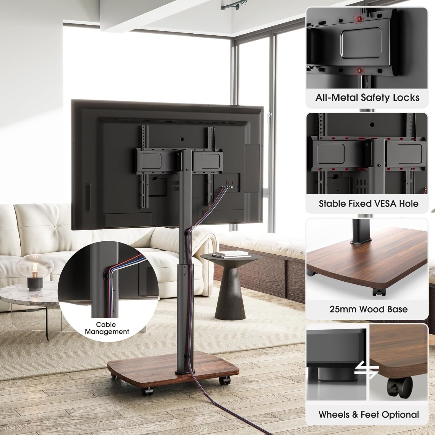 Mobile TV Stand with Wheels | Adjustable Height 32-65” TVs | Swivel Tilt
