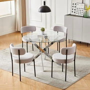 100CM Round Glass Dining Table with 4 Grey Upholstered Chairs Set