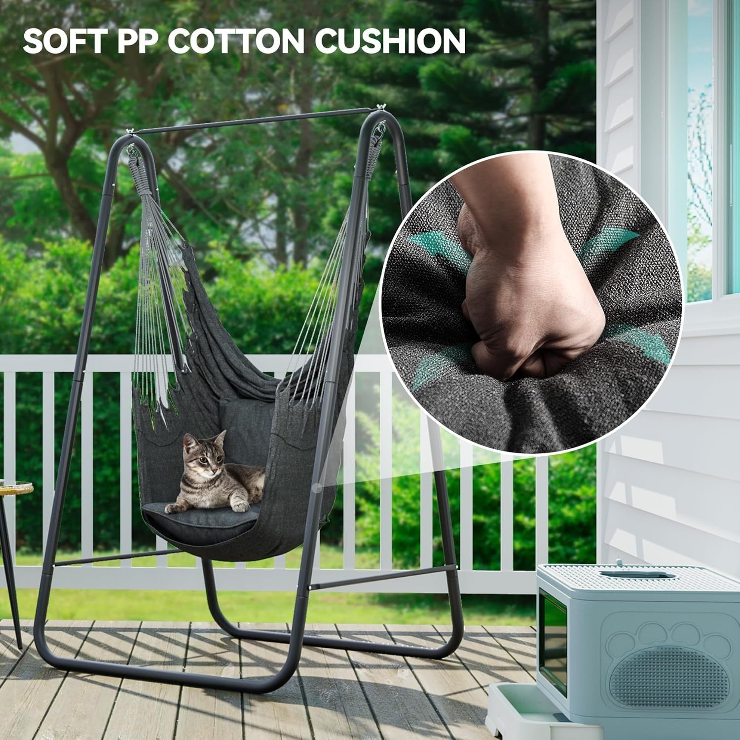Hammock Swing Chair with Stand, Outdoor Patio Seat, Cushioned Comfort, 85x92x153