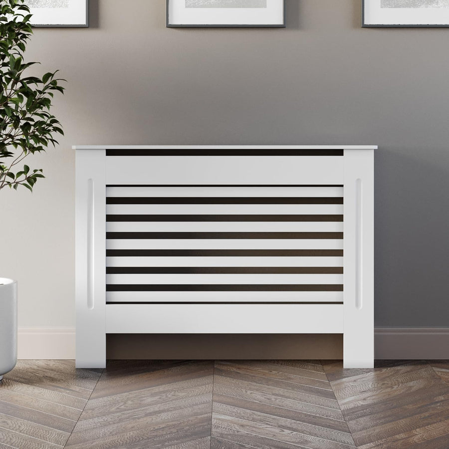 Medium White Radiator Cover Modern MDF Cabinet Horizontal Slat W112xH81.5cm