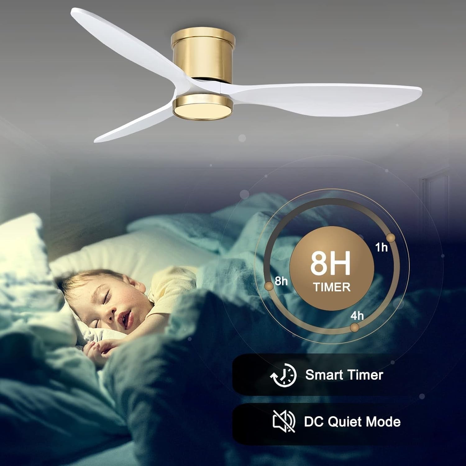 Ovlaim 132cm Flush Ceiling Fan with Light, Quiet DC Motor, Remote Control