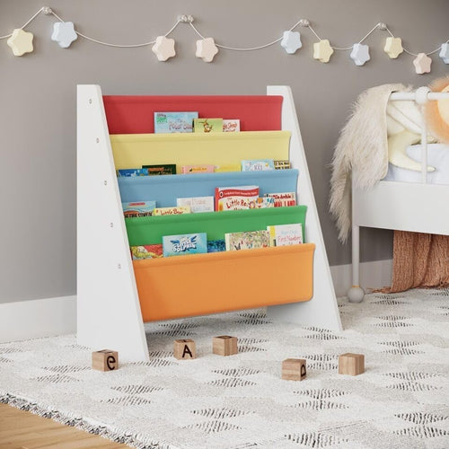 Kids 4 Tier Sling Bookshelf MDF & Fabric Book Storage Rack Multicoloured