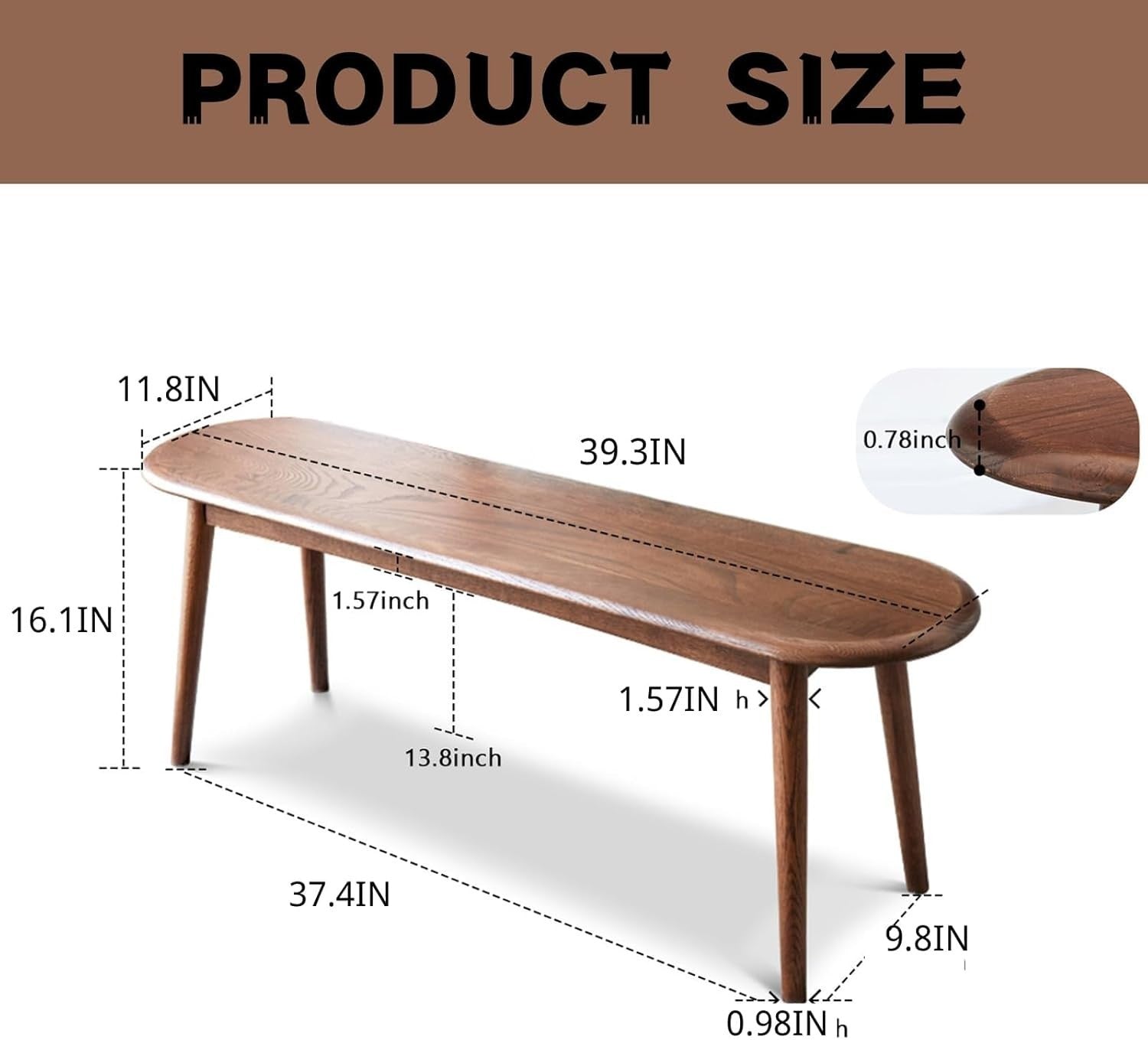 Solid Oak Wood Dining Bench Walnut Half-Round Seat 39in for Entryway