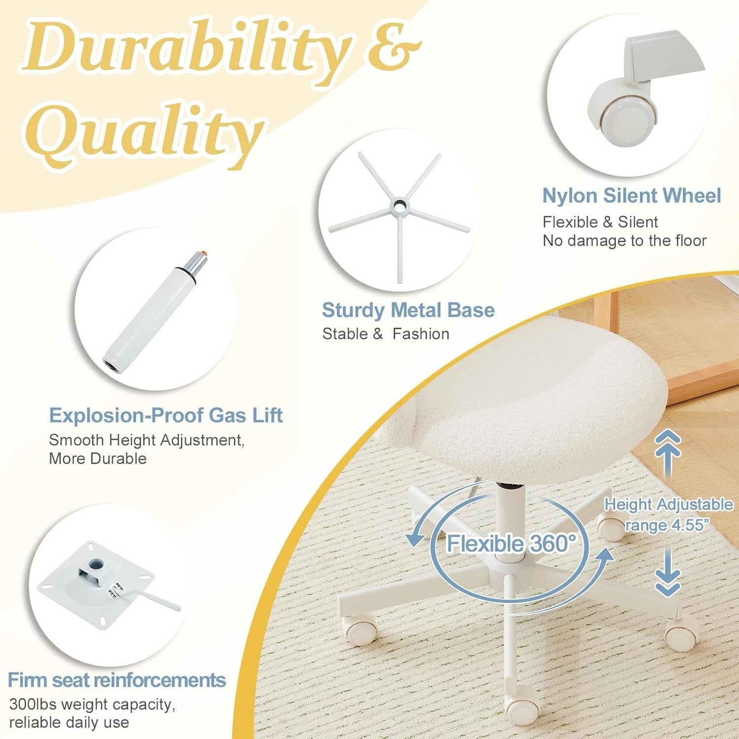 Velvet Vanity Desk Chair with Back Support – Cute Small Office Chair White