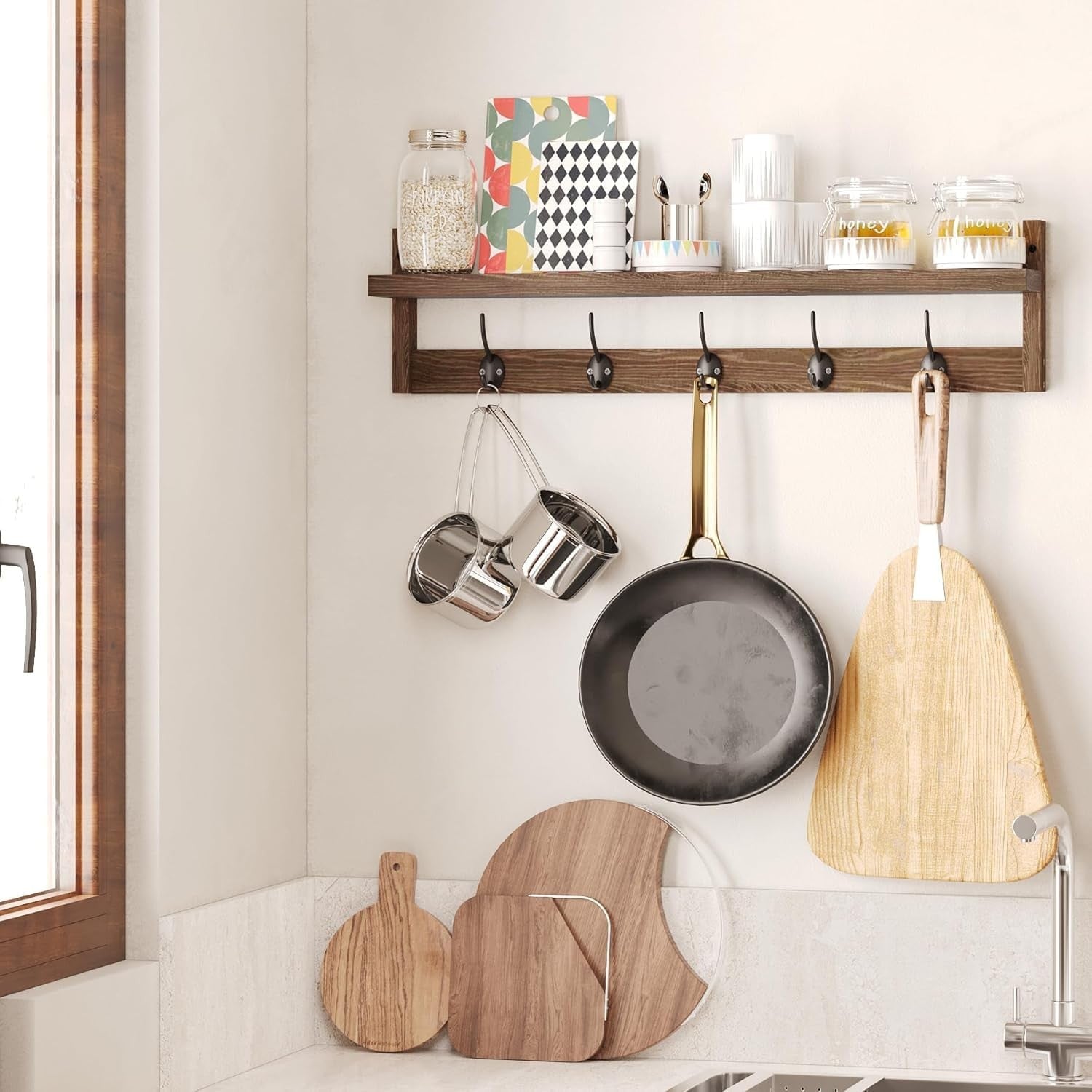 Wooden Wall Coat Rack with Shelf 73.5cm | 5 Hooks for Coats Hats Bags Keys
