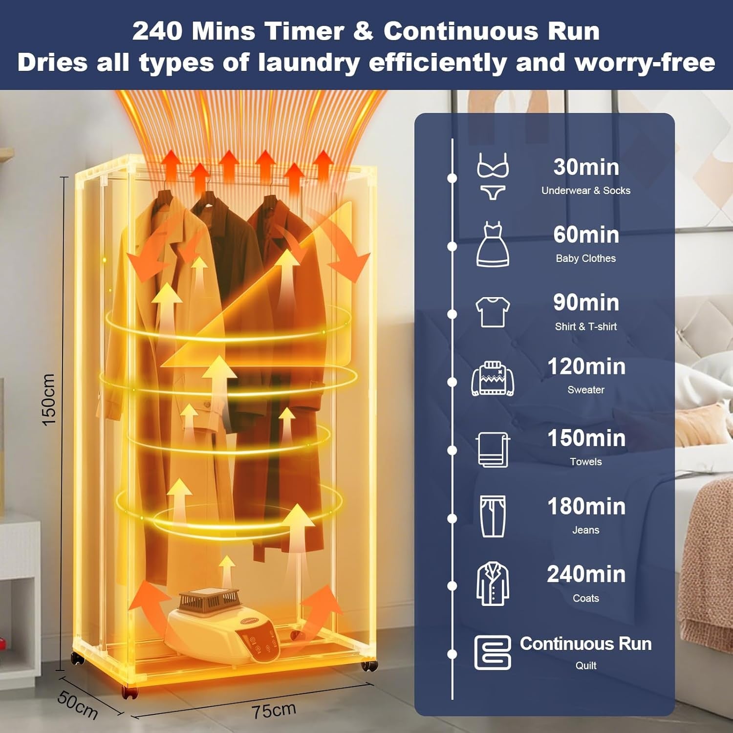 1500W Electric Clothes Dryer Cabinet Heated Airer 2 Tier Foldable Indoor