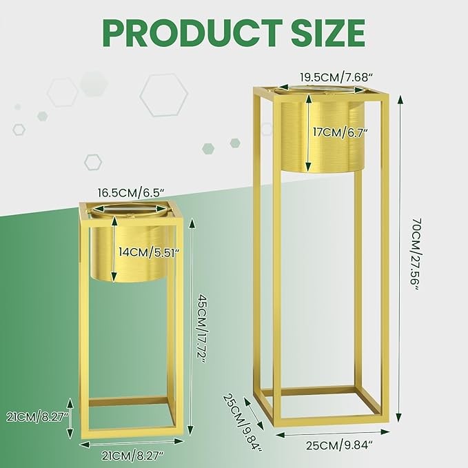 Set of 2 Tall Gold Metal Plant Stands Indoor Outdoor Modern Flower Pots