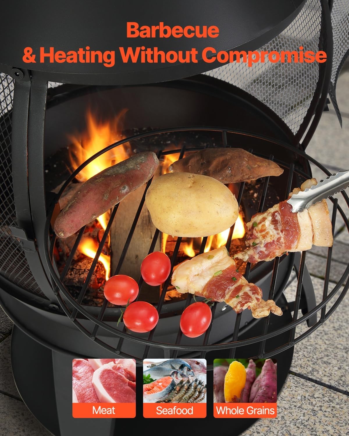 Outdoor Wood Burning Chiminea Fire Pit with Grill Mesh & Chimney Patio Heater