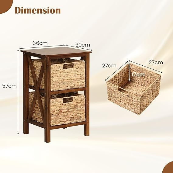 Rustic Bedside Table with Seagrass Baskets | Slim Wooden Nightstand 2-Tier