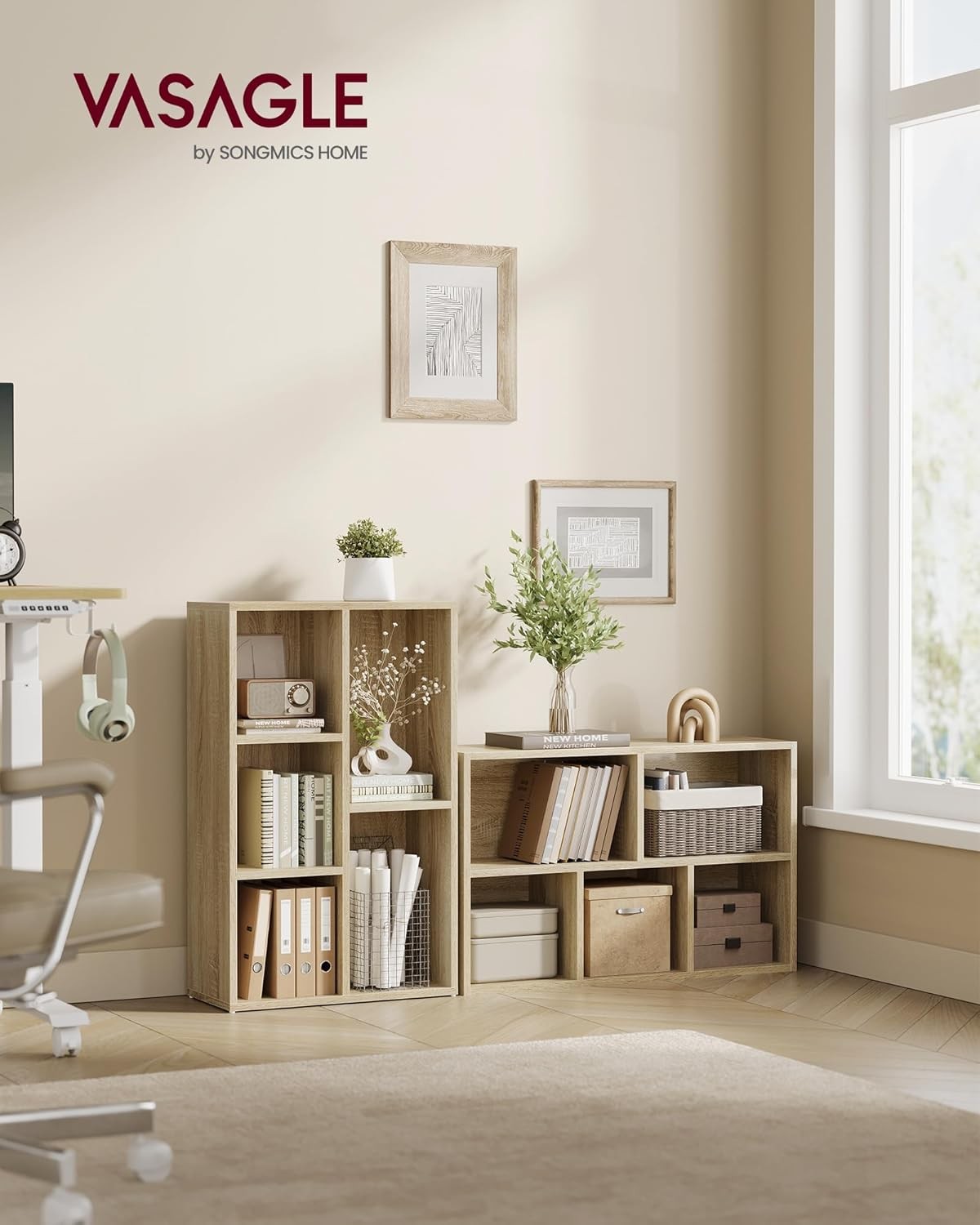 5-Compartment Oak Bookcase | Modern Storage Shelf Unit for Home Office Living Ro