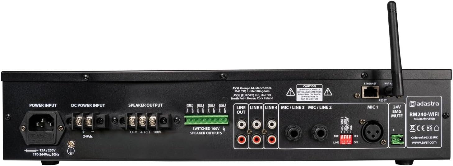 RM-Series 100V Mixer Amplifier 240W WiFi Bluetooth 5-Channel Rack Mount