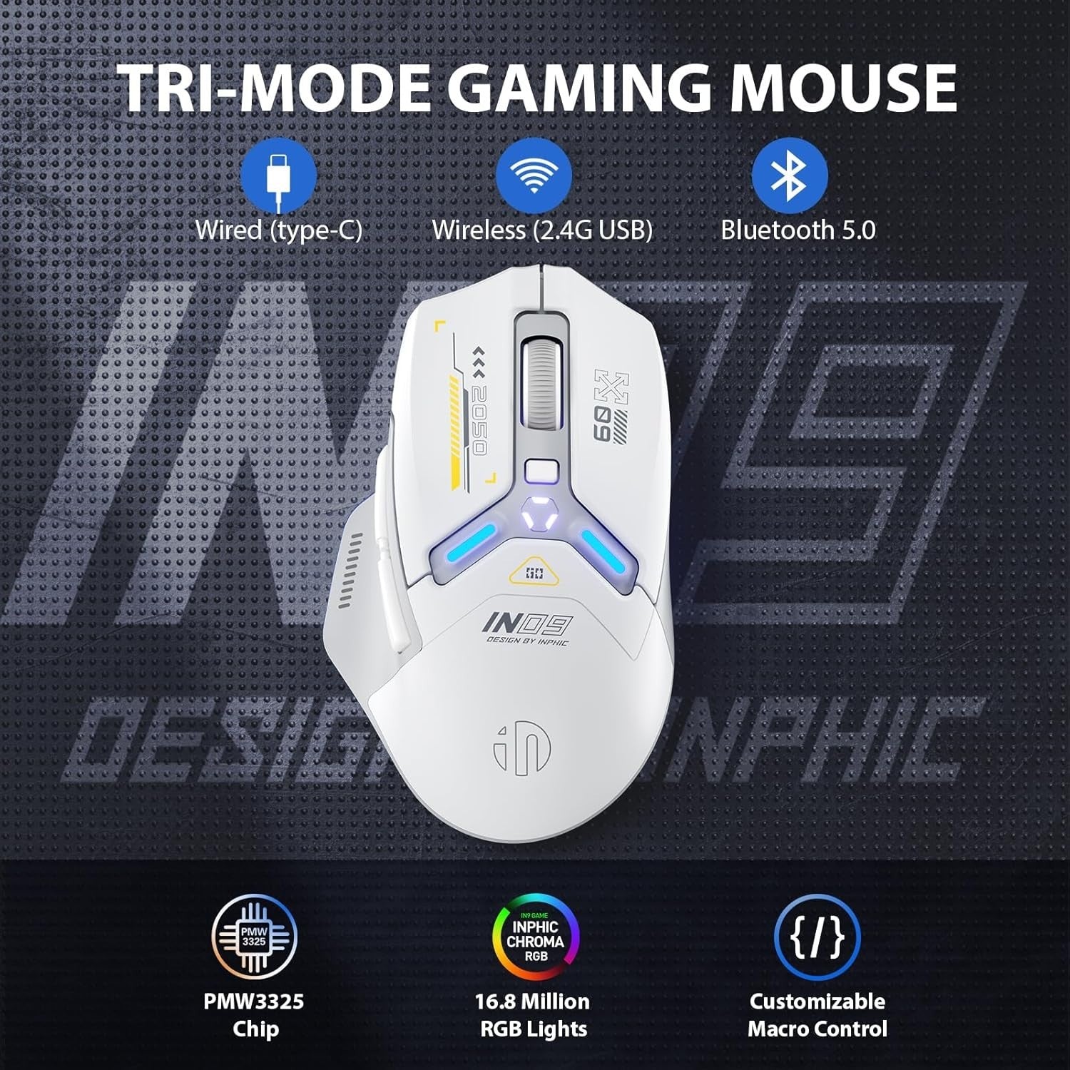 Tri-Mode Wireless Gaming Mouse 10000 DPI RGB Rechargeable