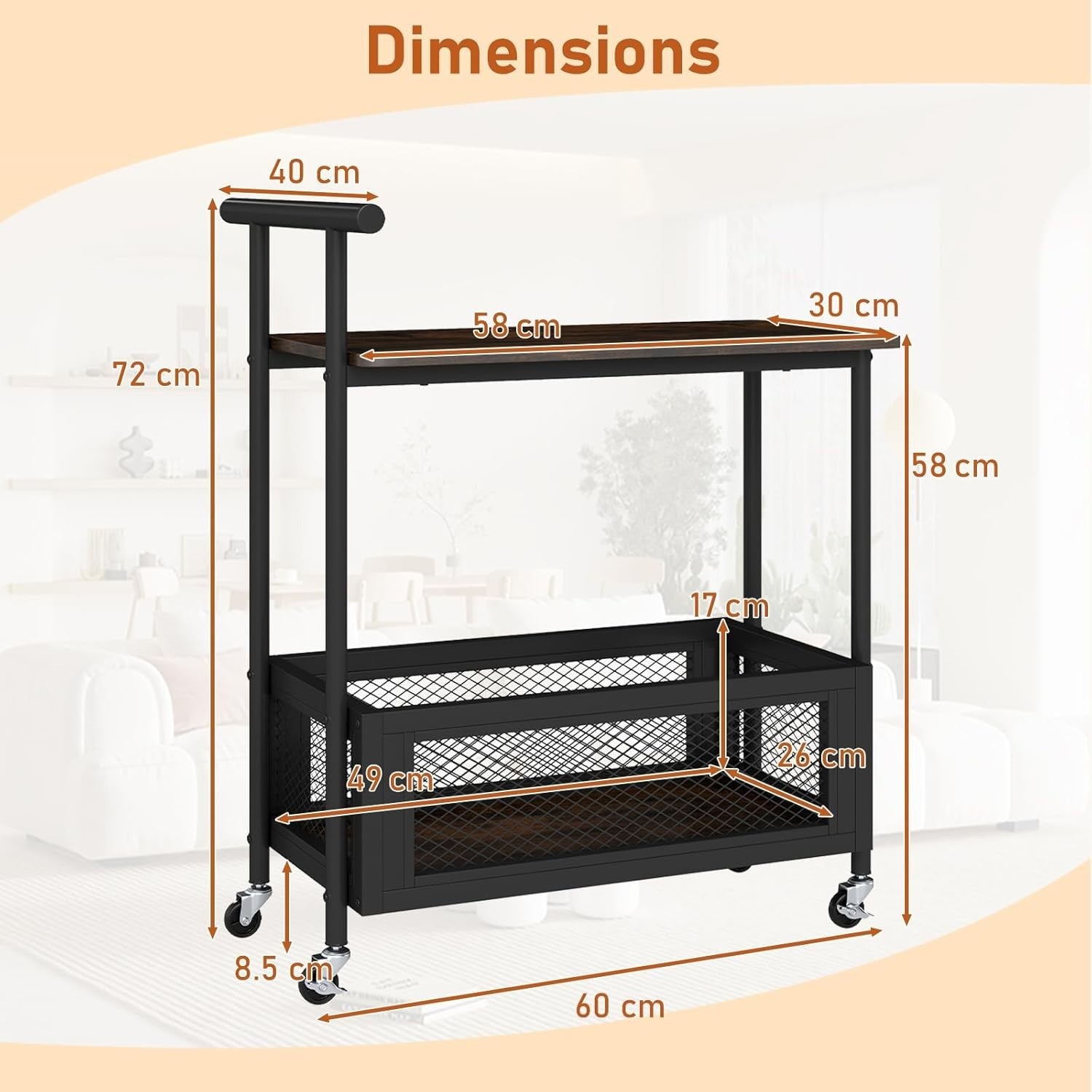 3 Tier Rolling Bar Cart Rustic Serving Trolley Drinks Storage Wheels