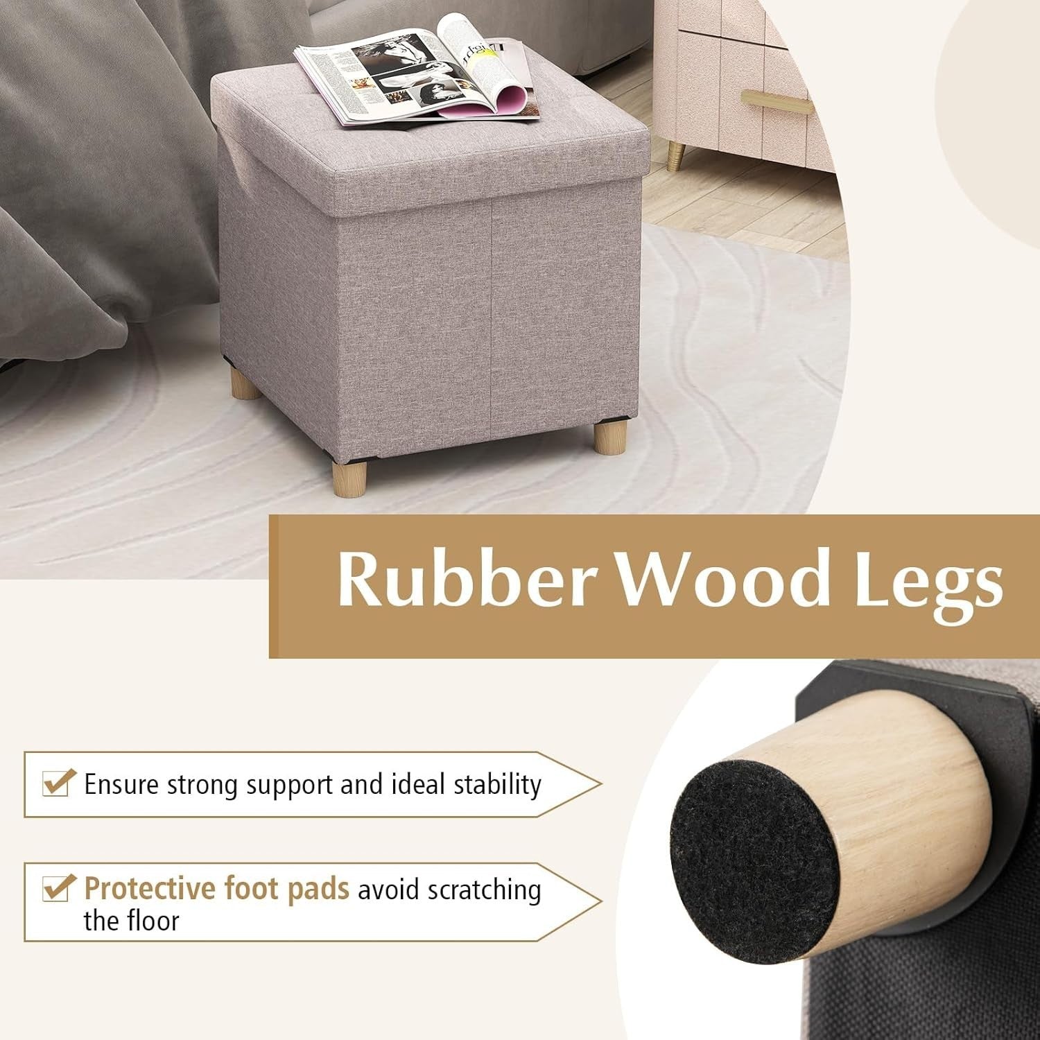 Beige Linen Storage Ottoman 45x45cm Folding Footstool Bench w/ Tray Lid & Legs