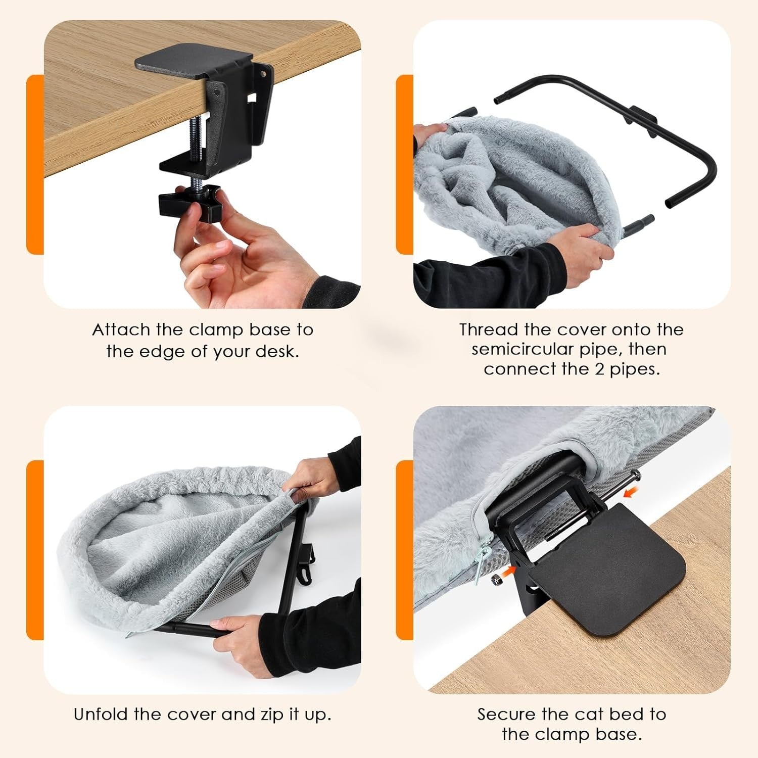 Adjustable Cat Desk Bed Faux Fur Clamp On Kitty Hammock Light Gray