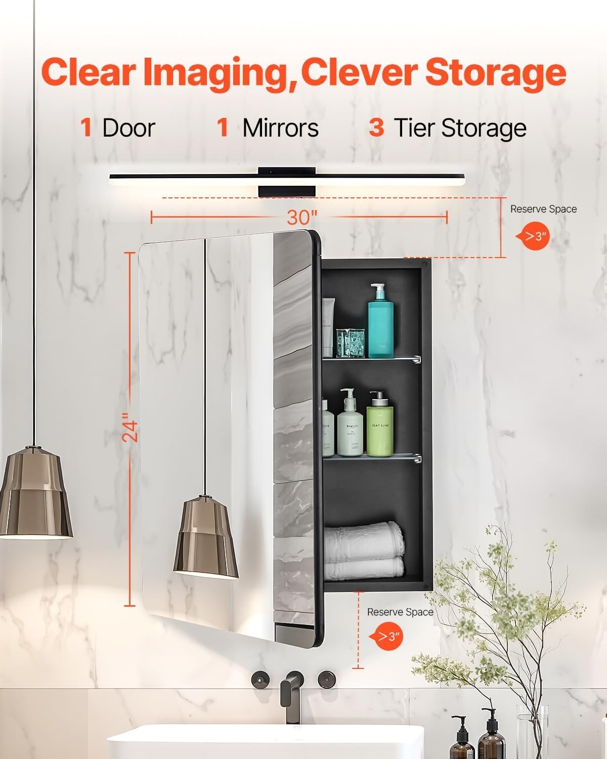Bathroom Mirror Cabinet 61x76cm Wall Mounted 2-Layer Adjustable Shelves