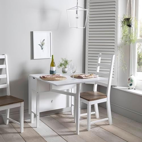 White Folding Dining Table Drop Leaf with Drawer Space Saving Small Dining